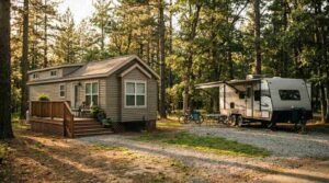 Park model recreational cabin with wood deck parked beside a travel trailer RV at a wooded campsite