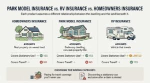 A three-way comparative infographic breaking down the core assumptions and coverage differences among homeowners, park model, and RV insurance policies