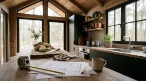 Wide-angle interior perspective highlighting kitchen layout and spatial dimensions inside a modern timber park model home. The foreground island features unrolled architectural floor plans, a measuring tape, pencil, coffee mug, and a wooden cutting board with rustic bread, fresh vegetables, and a chef's knife. In the background, the open-concept layout includes matte black cabinetry with light wood countertops, an undermount sink beneath multi-pane black-framed windows, built-in cooktop and oven, open floating shelves, and expansive vaulted gabled windows looking out onto a forest.