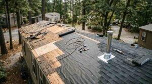 High-angle rooftop perspective illustrating an active roof replacement and installation on a park model home set in a wooded community. The roof surface displays a clear progression from exposed wood plank decking and tear-off debris at the far end, to rolled-out black underlayment with air compressor hoses and hand tools in the center, to freshly laid dark architectural asphalt shingles fitted around a metal chimney flue pipe and flashing in the foreground.
