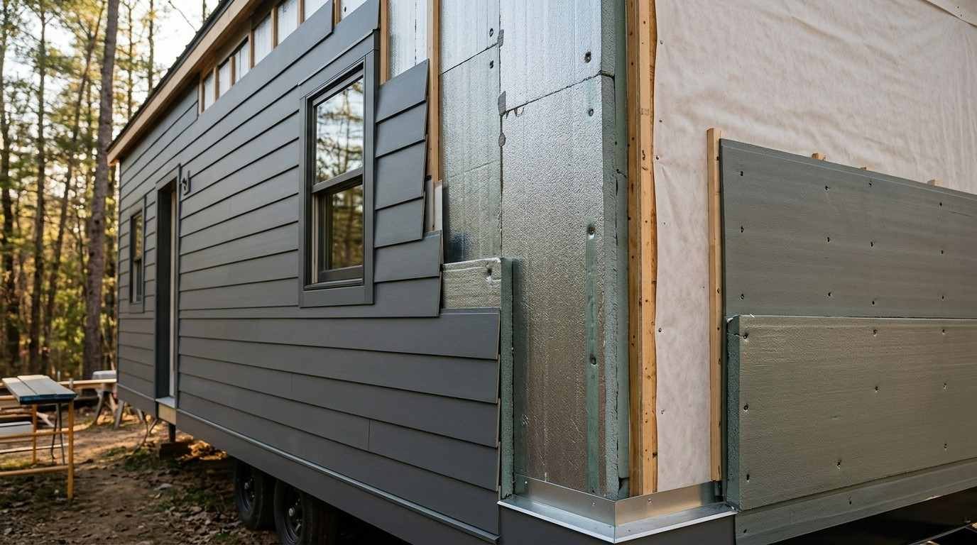 Park model home siding installation showing dark gray horizontal exterior panels, rigid foam insulation, house wrap, and exposed wall framing.