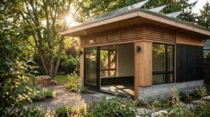 Passive solar ADU with rooftop solar panels, wood slat shading, concrete stem wall, and open glass sliding doors