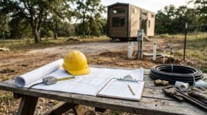 Tiny house site blueprints, hard hat, inspection clipboard, and plumbing supplies overlooking parked tiny home on wheels