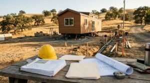 Site plans, permit paperwork folders, and a hard hat laid across an outdoor workbench overlooking utility trenching and a park model cabin set on a sunny hillside lot.