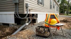 A detailed view of external utility connections entering the crawlspace beneath a park model home, showcasing heavy-duty electrical conduits, copper and PVC plumbing lines, and flexible drainage piping entering a gravel trench. In the foreground, an inspector’s folding chair holds a high-visibility safety vest, a yellow hard hat, and an inspection clipboard alongside an open technician tool bag on the crushed stone pad.