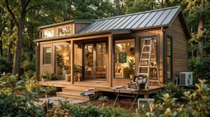 Modern park model tiny home with stepladder, toolbox, and caulk guns on front porch undergoing maintenance and preparation