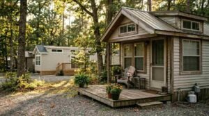 Weathered park model tiny cabin with front porch deck alongside a newer manufactured home in a wooded RV park