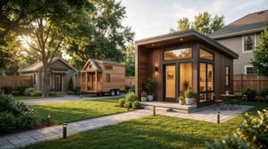 Modern backyard ADU with patio seating beside a tiny house on wheels and garden cottage