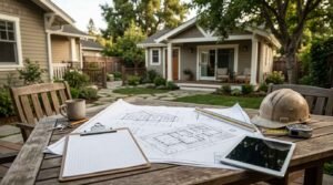Architectural house plans, hard hat, tablet, and keys on wooden patio table facing completed craftsman ADU cottage