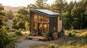 Modern off-grid tiny home with slanted solar roof, patio deck, garden planter, and rainwater catchment in scenic nature