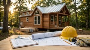 rchitectural blueprints, an inspection checklist on a clipboard, a yellow hard hat, measuring tape, and work gloves on a job site table overlooking a completed timber park model home in a wooded clearing.