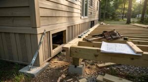 Close-up technical view of a freestanding deck framing assembly supported by concrete pier blocks alongside a park model home. Features a metal ground tie-down strap anchored to a concrete pad, ventilated vinyl skirting with an integrated crawlspace access door, and deck plans, a level, a hammer, a tool belt, and measuring tape laid across the joists.