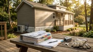 Maintenance records binder, repair receipts, tape measure, and house keys on deck table outside a well-kept park model home