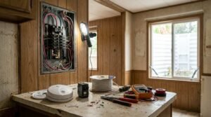 Open breaker panel, electrical wire spool, multimeter, and smoke detector on counter during home electrical retrofit