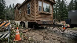 An unpermitted park model cabin resting on makeshift jack stands on a muddy lot surrounded by safety cones, barricades, and debris while hooked to a truck hitch.