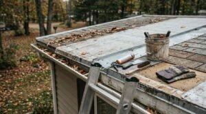 Roof Maintenance.jpg: Close-up rooftop perspective of routine maintenance and gutter cleaning on a park model home during autumn. An aluminum extension ladder leans against the roofline beside gutters filled with fallen leaves, with repair tools arranged along the metal roof flashing and asphalt shingles—including a caulking gun with roof sealant, putty knife, wire scrub brush, bucket with hand tools, and heavy-duty work gloves