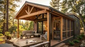 A park model home featuring an integrated covered timber porch and screened-in sunroom addition under an extended standing-seam metal gable roof with gutters and downspouts. Furnished with comfortable outdoor lounge seating, ceiling fans, potted plants, and an open-air dining deck overlooking a scenic pine forest.