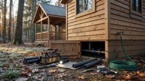 Plumbing tools, pipe insulation foam, duct tape, and a flashlight laid out beside an open crawlspace access hatch during winterization maintenance for a wooden park model cabin.