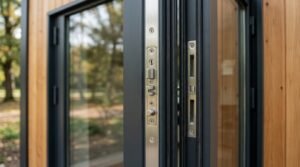 Close-up technical view of a heavy-duty stainless steel multi-point locking mechanism installed along the edge of a charcoal-framed glass patio door on a park model home. Shows precision deadbolts, shoot bolts, weatherstripping seals, and matching strike plates set into vertical natural wood exterior cladding.