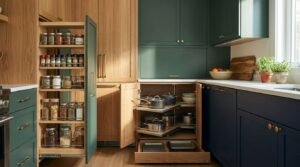 An organized, modern park model kitchen corner highlighting custom space-maximizing cabinetry solutions. Features a tall vertical pull-out spice rack and dry-goods pantry organizer with tiered wire-railed shelves on the left, a swing-out LeMans blind corner pull-out shelving system storing stainless steel cookware and bowls in the lower cabinet, a low-profile toe-kick drawer holding baking sheets underneath, and deep forest green shaker-style cabinets accented by brushed brass hardware and white quartz countertops.