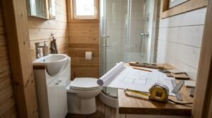 A compact, fully finished park model bathroom interior lined with natural wood plank and white horizontal shiplap walls. The efficient layout includes a white porcelain vanity sink with chrome fixtures, a standard toilet, and a curved glass corner shower enclosure with subway tile. In the foreground, an unrolled floor plan blueprint, pencil, spirit level, measuring tape, steel ruler, and material sample swatches rest across a wooden countertop ledge.