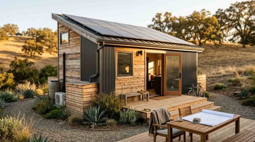 Sustainable eco-friendly park model tiny home with rooftop solar panels, rainwater barrel, and wooden deck in rural landscape
