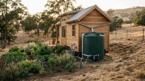 Rainwater harvesting tank and garden irrigation setup beside an off-grid tiny house on wheels 