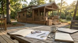Financial documents, laptop, house keys, and moving boxes on deck table facing a park model cabin in a wooded community