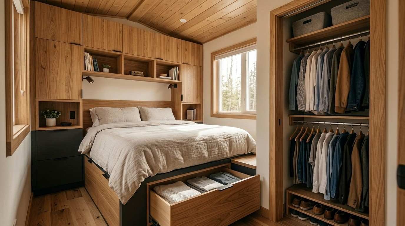 Compact tiny home bedroom featuring floor-to-ceiling wooden cabinetry, a built-in wardrobe with hanging clothes, under-bed storage drawers, and space-saving shelves around the bed.