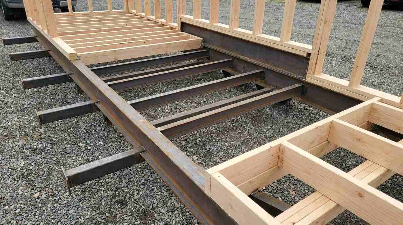Tiny home trailer chassis with steel crossmembers and wooden floor framing during construction.