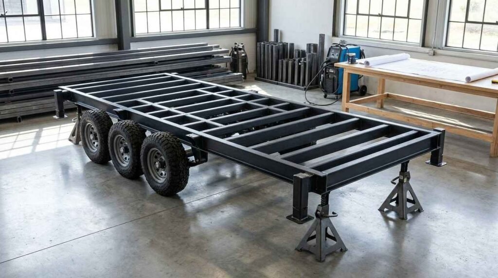 Heavy-duty tiny home trailer chassis with triple axles, steel framing, support stands, and fabrication equipment inside a workshop.