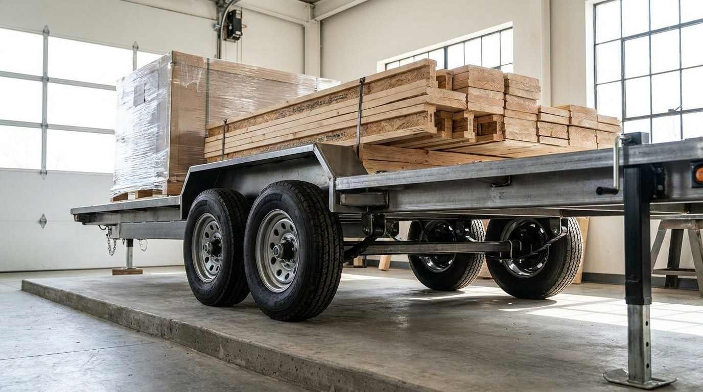 Heavy-duty tiny home trailer chassis loaded with lumber, showing multiple axles and structural components designed to support substantial weight.