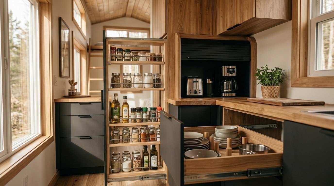 Compact tiny home kitchen featuring a tall pull-out pantry with organized spice jars, glass food containers, built-in wooden cabinets, and deep drawers for neatly storing plates and cookware.