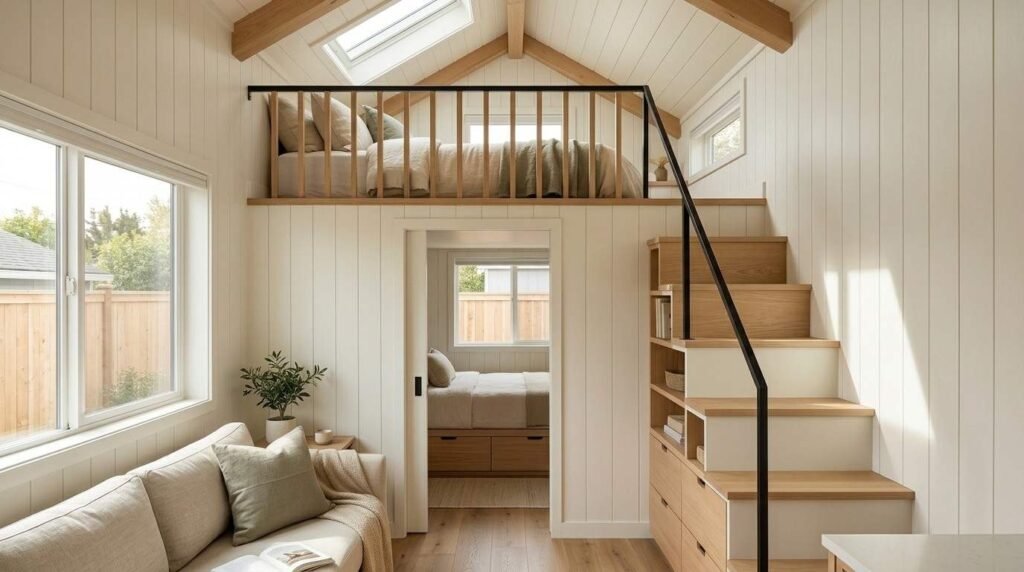Bright tiny home interior featuring a cozy loft bedroom, built-in wooden staircase with storage drawers, white paneled walls, exposed ceiling beams, and a comfortable living area beneath the loft.