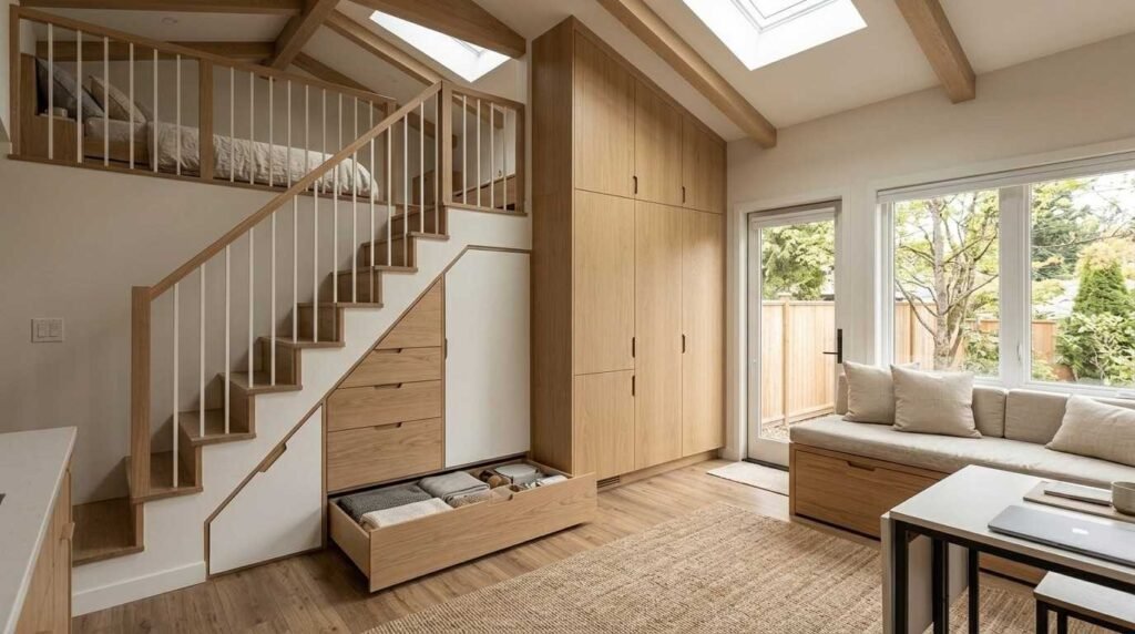 Compact tiny home interior featuring a loft bedroom, built-in wooden staircase with storage drawers, custom cabinetry, and a bright living area with natural wood finishes.
