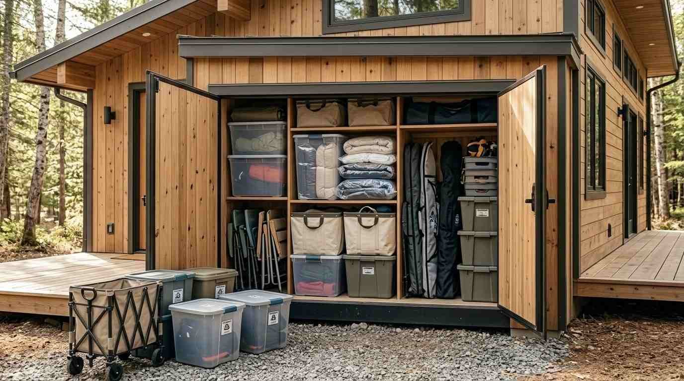Tiny home exterior featuring an open wooden storage compartment with built-in shelves, labeled plastic bins, fabric storage baskets, folded camping chairs, and organized outdoor gear.