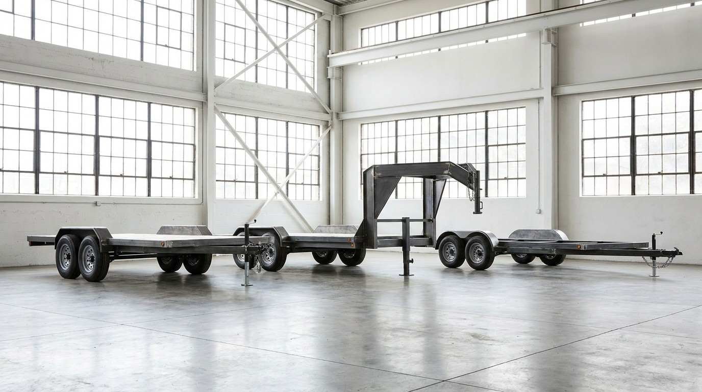 Tiny home trailer chassis in a workshop showing multiple axle configurations, steel frames, towing components, and support structures.