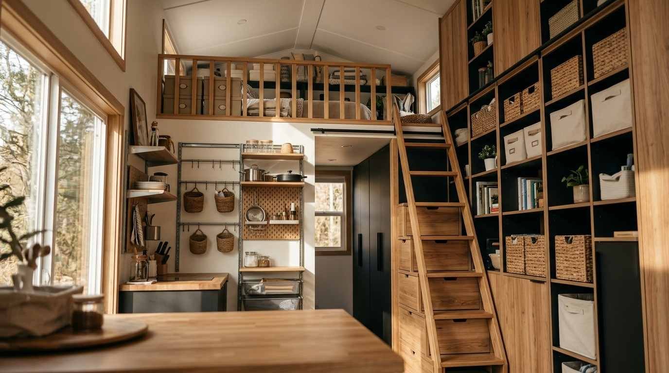 Tiny home interior with floor-to-ceiling shelving, woven storage baskets, built-in wooden drawers, a ladder leading to a loft bedroom, and an organized compact kitchen.