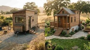Side-by-side comparison of a moveable tiny house on wheels on a gravel pad versus a permanent tiny home on a concrete foundation