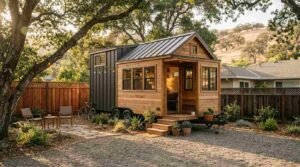 Moveable tiny house on wheels parked in a landscaped residential backyard with wood fence and patio seating