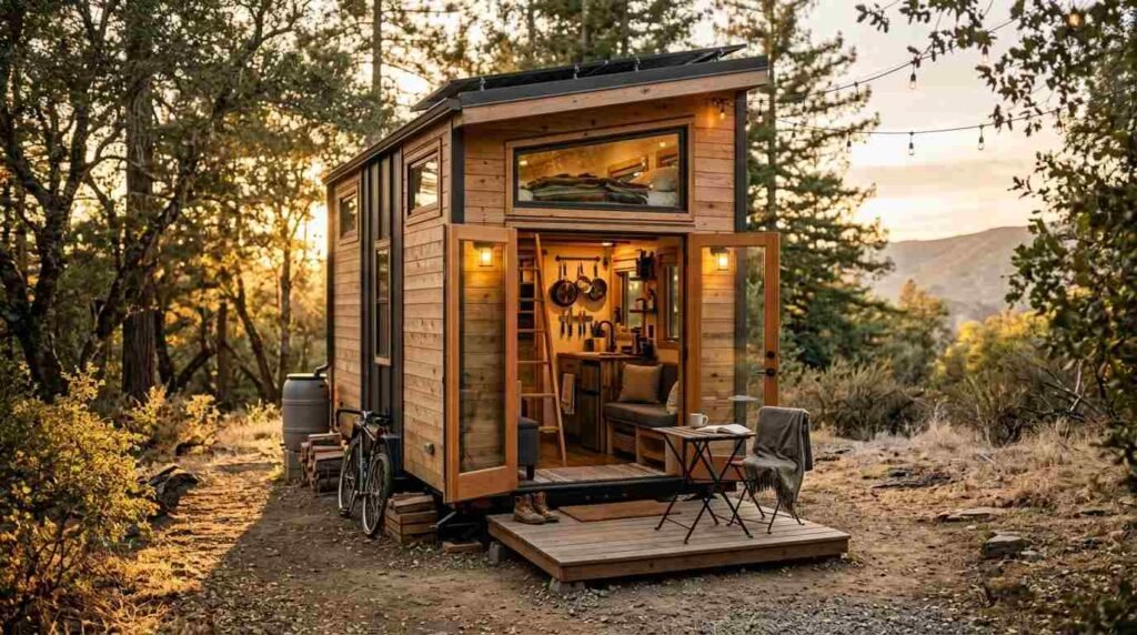 Cozy off-grid tiny house on wheels with solar panels and open French doors revealing interior kitchen and loft at golden hour