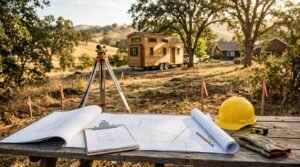 Land surveyor theodolite on tripod and permit blueprints overlooking a tiny house on wheels on a residential lot