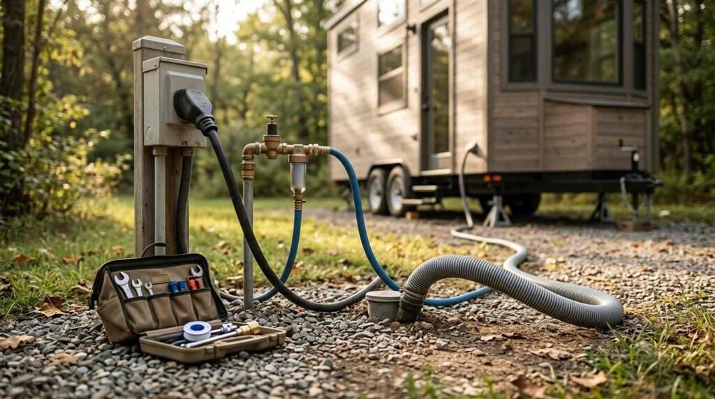Utility pedestal connected to tiny house on wheels with RV shore power cord, freshwater hose, and sewer drain pipe