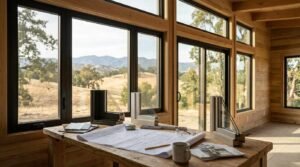 A wooden architect’s worktable set inside a sunlit park model home interior overlooking rolling hills, featuring cross-section window frame samples (black, white, and wood tone), blueprints, product brochures, safety glasses, a spirit level, measuring tape, and a coffee mug in front of expansive sliding glass doors and picture windows.