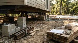 Concrete masonry blocks, adjustable screw jacks, steel I-beams, and cribbing blocks installed beneath the chassis of a manufactured home, with blueprints, a hard hat, and tools resting on wood framing lumber in the foreground.