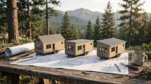 A comparative architectural display featuring three scaled park model home miniatures arranged side-by-side atop drafting blueprints on an outdoor rustic wooden table. The models showcase three distinct roof profiles—a traditional pitched gable roof on the left, a modern flat roof in the center, and a single-slope shed (monoslope) roof on the right—set against a backdrop of drafting tools, pencils, a folding ruler, rolled plans, a coffee mug, and a forested mountain landscape.