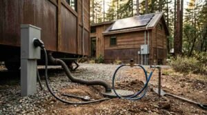 Exterior utility hookup connections for a park model home, showing an electrical power pedestal, flexible sewer drain hose, and water supply line with a pressure regulator in front of a solar-powered tiny cabin.