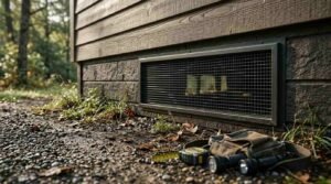Close-up of a wire-mesh screened ventilation opening set into faux-stone foundation skirting on a wooden cabin, with a tool pouch, measuring tape, and flashlights resting on the gravel ground.
