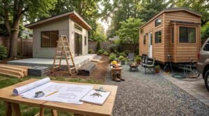 Architectural house plans and keys on workbench overlooking permanent detached ADU under construction beside a tiny home on wheels