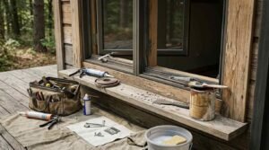 A maintenance and restoration scene on an exterior wooden deck ledge beneath an open casement window of a park model home. The workspace includes a tool bag, caulking guns with sealant tubes, replacement weatherstripping rolls, a paint can with a paintbrush resting on the rim, a paint scraper, a bucket of soapy water with a sponge, spray lubricant, replacement crank hardware, hinges, and screws arranged on a drop cloth.